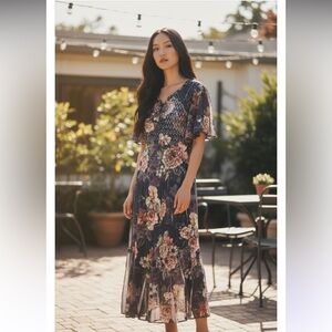 Komarov Flutter Sleeve Floral Print Maxi Dress XS